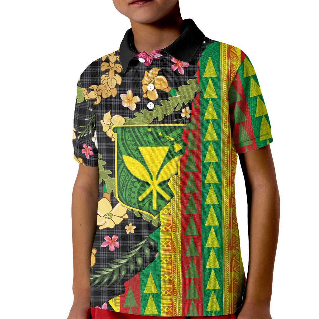 Hawaiian Tropical Plants Lei Kid Polo Shirt Kanaka Maoli Tribal with Palaka Motifs - Polynesian Pride