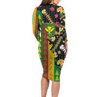 Hawaiian Tropical Plants Lei Long Sleeve Bodycon Dress Kanaka Maoli Tribal with Palaka Motifs LT03 - Polynesian Pride