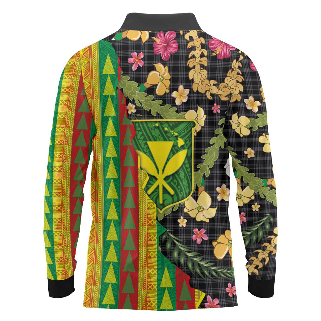 Hawaiian Tropical Plants Lei Long Sleeve Polo Shirt Kanaka Maoli Tribal with Palaka Motifs LT03 - Polynesian Pride