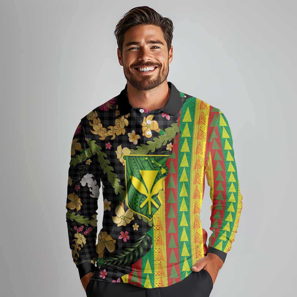 Hawaiian Tropical Plants Lei Long Sleeve Polo Shirt Kanaka Maoli Tribal with Palaka Motifs LT03 - Polynesian Pride