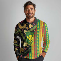 Hawaiian Tropical Plants Lei Long Sleeve Polo Shirt Kanaka Maoli Tribal with Palaka Motifs LT03 - Polynesian Pride