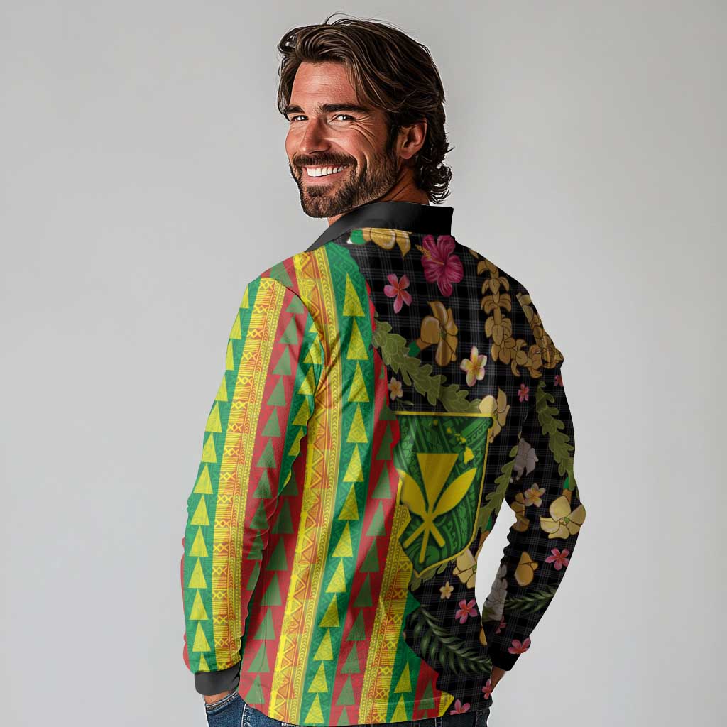 Hawaiian Tropical Plants Lei Long Sleeve Polo Shirt Kanaka Maoli Tribal with Palaka Motifs LT03 - Polynesian Pride