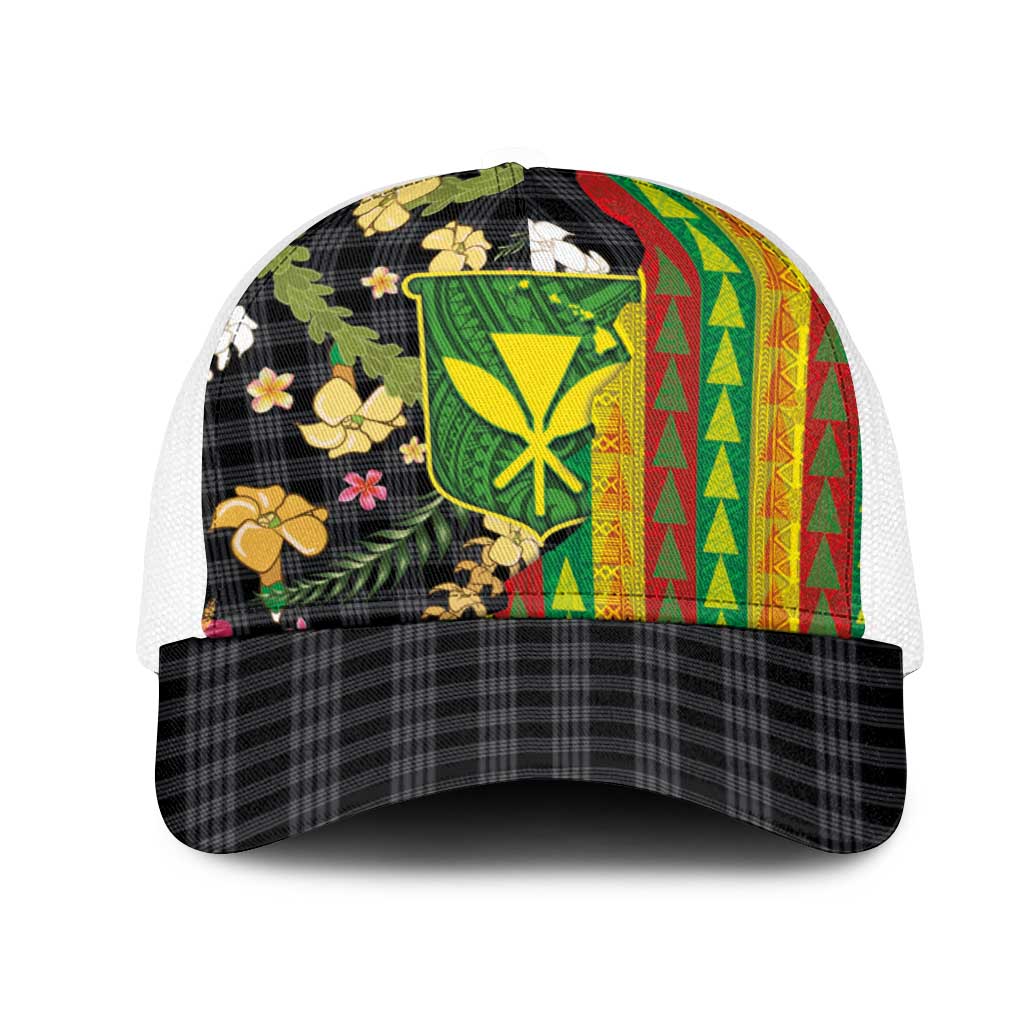 Hawaiian Tropical Plants Lei Mesh Trucker Cap Kanaka Maoli Tribal with Palaka Motifs - Polynesian Pride
