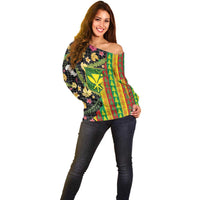 Hawaiian Tropical Plants Lei Off Shoulder Sweater Kanaka Maoli Tribal with Palaka Motifs - Polynesian Pride