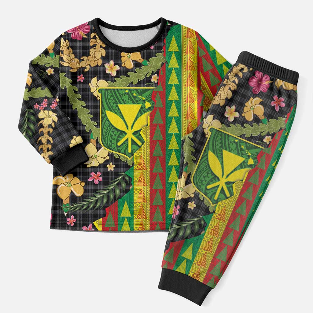 Hawaiian Tropical Plants Lei Christmas Pajama Set Kanaka Maoli Tribal with Palaka Motifs - Polynesian Pride
