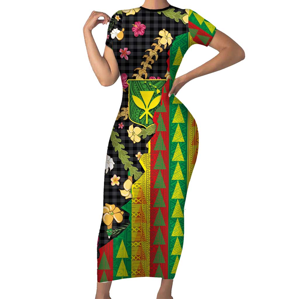 Hawaiian Tropical Plants Lei Short Sleeve Bodycon Dress Kanaka Maoli Tribal with Palaka Motifs LT03 Long Dress Multicolor - Polynesian Pride