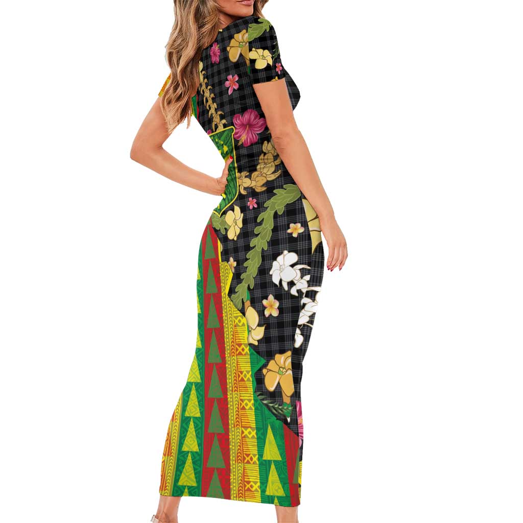 Hawaiian Tropical Plants Lei Short Sleeve Bodycon Dress Kanaka Maoli Tribal with Palaka Motifs LT03 - Polynesian Pride