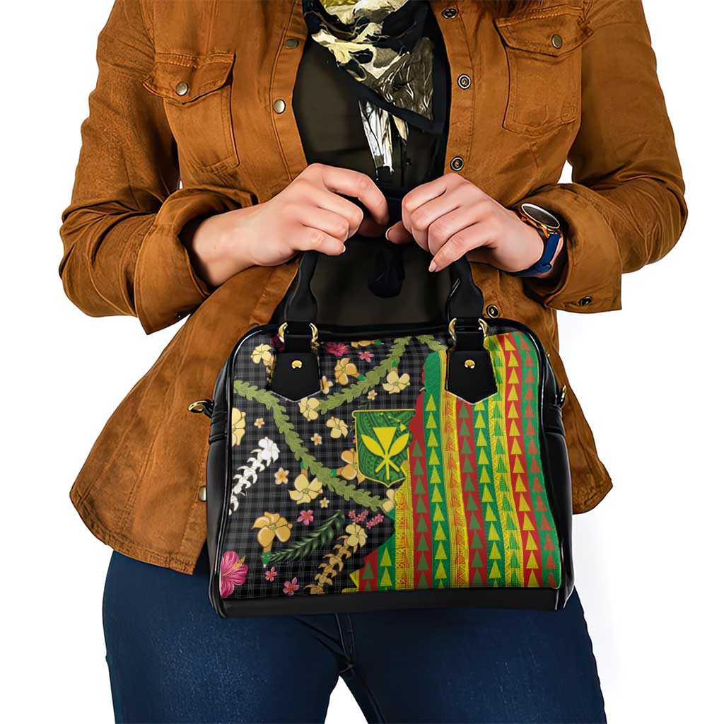 Hawaiian Tropical Plants Lei Shoulder Handbag Kanaka Maoli Tribal with Palaka Motifs - Polynesian Pride