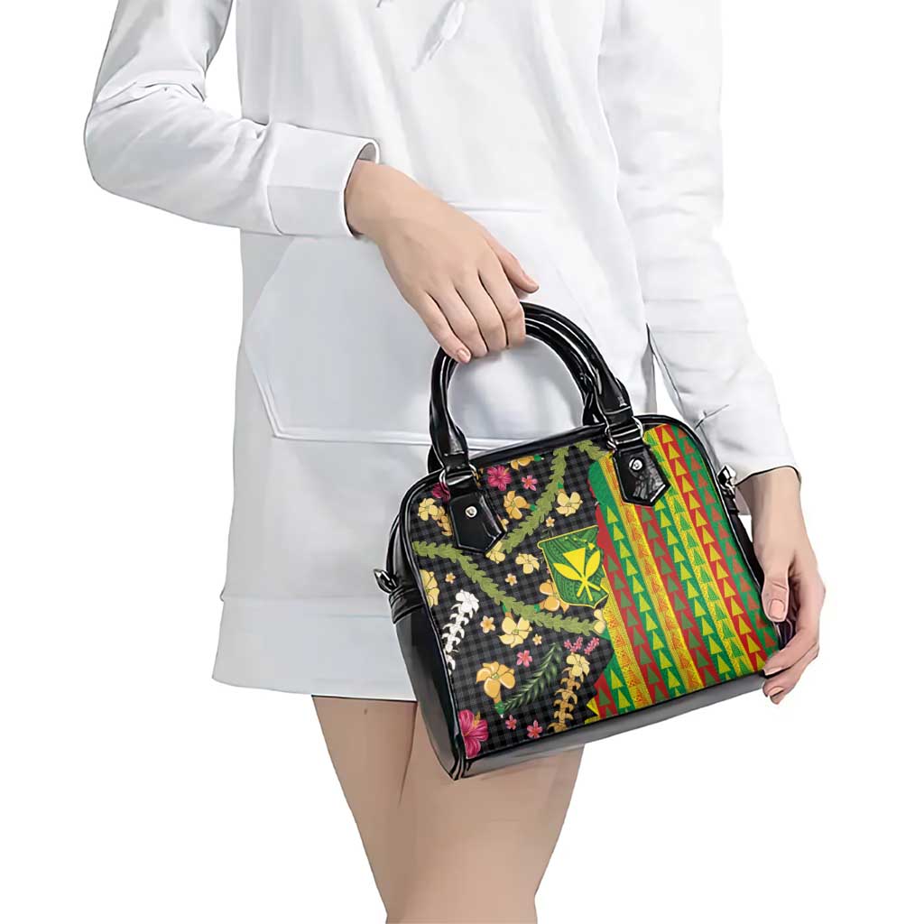 Hawaiian Tropical Plants Lei Shoulder Handbag Kanaka Maoli Tribal with Palaka Motifs - Polynesian Pride
