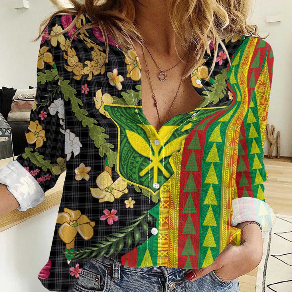 Hawaiian Tropical Plants Lei Women Casual Shirt Kanaka Maoli Tribal with Palaka Motifs LT03 Female Multicolor - Polynesian Pride