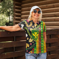 Hawaiian Tropical Plants Lei Women Polo Shirt Kanaka Maoli Tribal with Palaka Motifs LT03 - Polynesian Pride