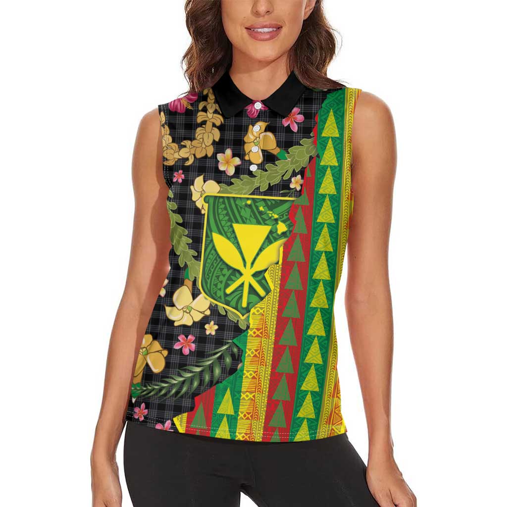 Hawaiian Tropical Plants Lei Women Sleeveless Polo Shirt Kanaka Maoli Tribal with Palaka Motifs LT03 - Polynesian Pride