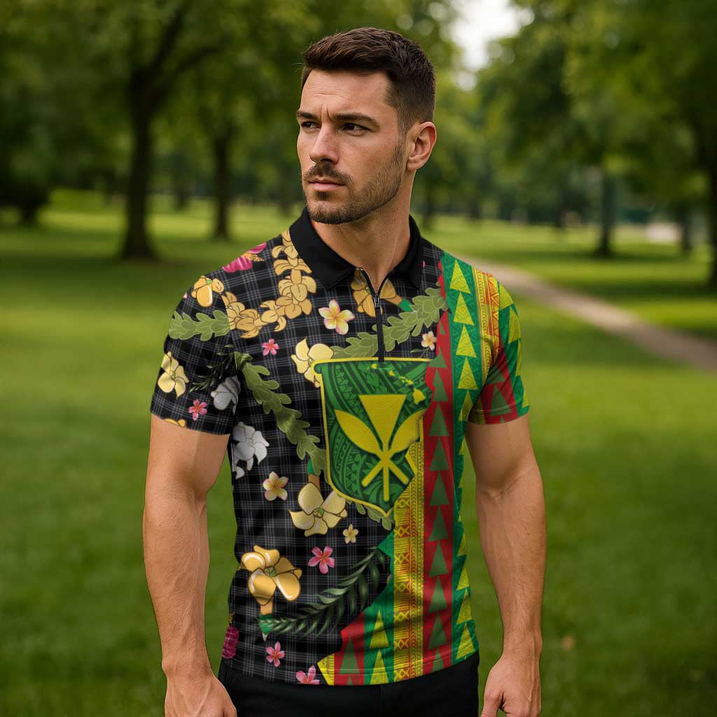 Hawaiian Tropical Plants Lei Zipper Polo Shirt Kanaka Maoli Tribal with Palaka Motifs LT03 - Polynesian Pride