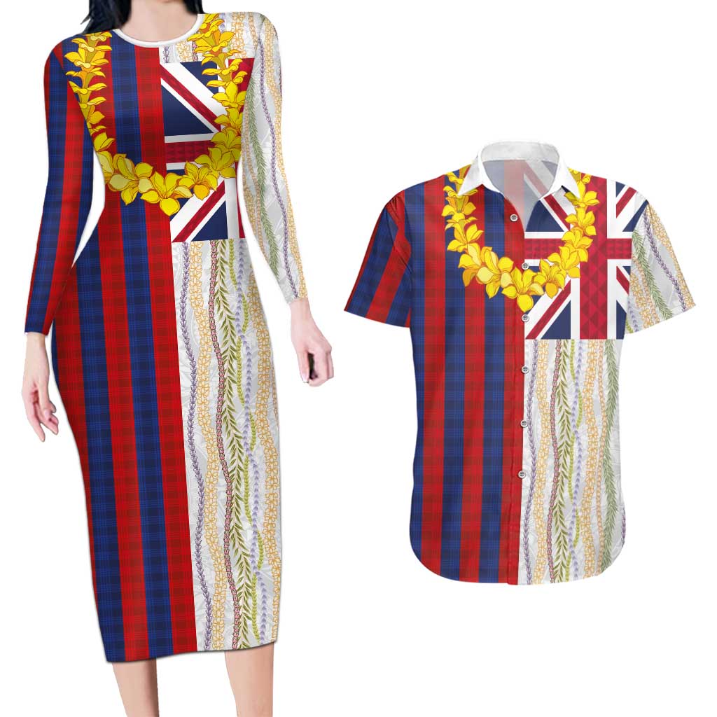 Hawaiian Tropical Plants Lei Couples Matching Long Sleeve Bodycon Dress and Hawaiian Shirt National Flag Style LT03 Multicolor - Polynesian Pride