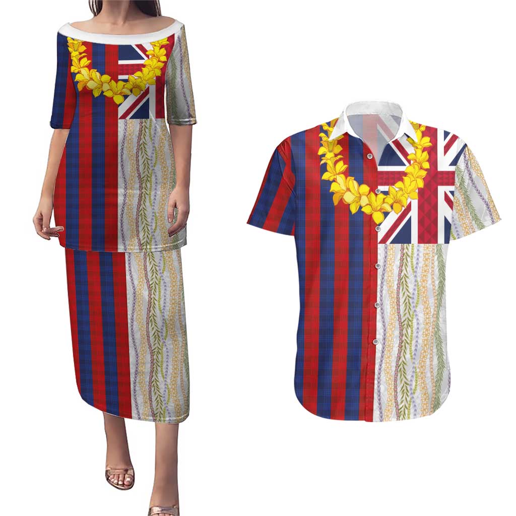 Hawaiian Tropical Plants Lei Couples Matching Puletasi and Hawaiian Shirt National Flag Style - Polynesian Pride
