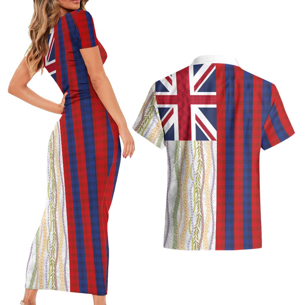 Hawaiian Tropical Plants Lei Couples Matching Short Sleeve Bodycon Dress and Hawaiian Shirt National Flag Style LT03 - Polynesian Pride