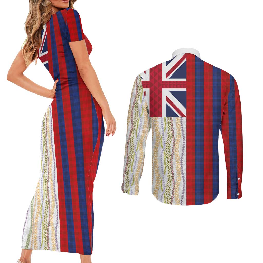 Hawaiian Tropical Plants Lei Couples Matching Short Sleeve Bodycon Dress and Long Sleeve Button Shirt National Flag Style - Polynesian Pride