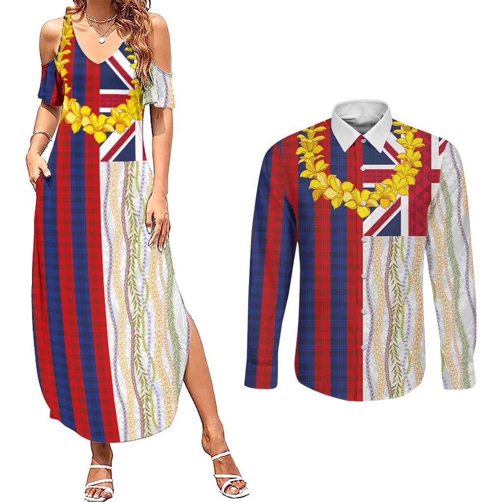 Hawaiian Tropical Plants Lei Couples Matching Summer Maxi Dress and Long Sleeve Button Shirt National Flag Style - Polynesian Pride