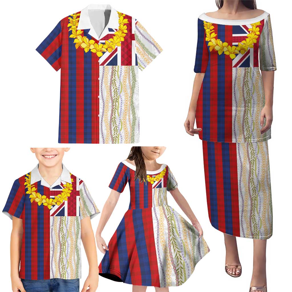 Hawaiian Tropical Plants Lei Family Matching Puletasi and Hawaiian Shirt National Flag Style - Polynesian Pride