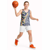Hawaiian Plumeria Lei Basketball Jersey Kakau Motifs and Palaka Half Style Blue Color - Polynesian Pride