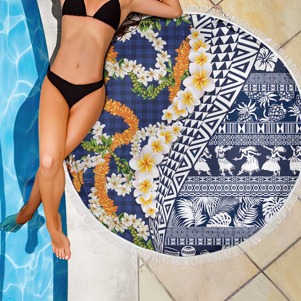 Hawaiian Plumeria Lei Beach Blanket Kakau Motifs and Palaka Half Style Blue Color - Polynesian Pride