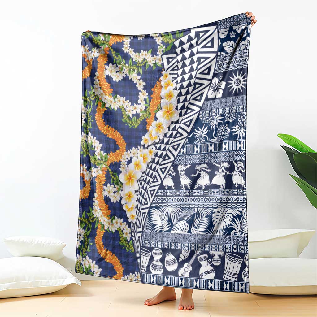 Hawaiian Plumeria Lei Blanket Kakau Motifs and Palaka Half Style Blue Color - Polynesian Pride