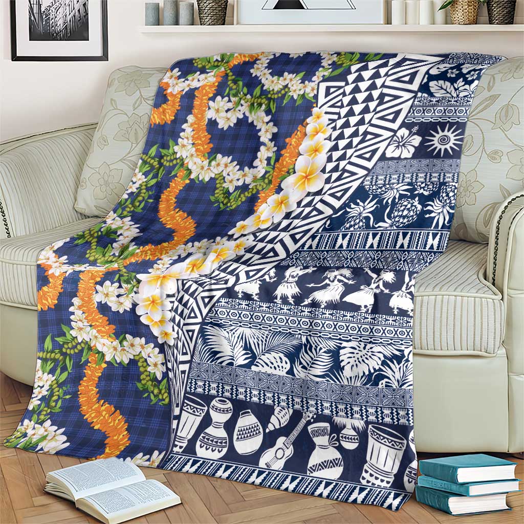 Hawaiian Plumeria Lei Blanket Kakau Motifs and Palaka Half Style Blue Color - Polynesian Pride