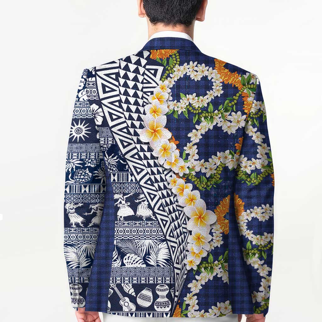 Hawaiian Plumeria Lei Blazer Kakau Motifs and Palaka Half Style Blue Color - Polynesian Pride