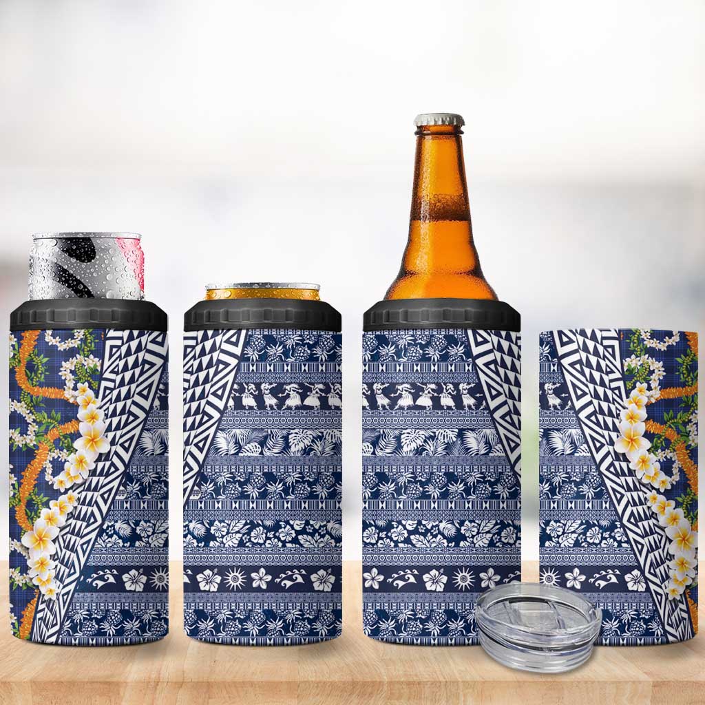 Hawaiian Plumeria Lei 4 in 1 Can Cooler Tumbler Kakau Motifs and Palaka Half Style Blue Color LT03 - Polynesian Pride