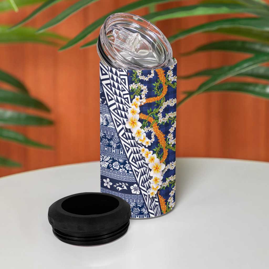 Hawaiian Plumeria Lei 4 in 1 Can Cooler Tumbler Kakau Motifs and Palaka Half Style Blue Color LT03 - Polynesian Pride