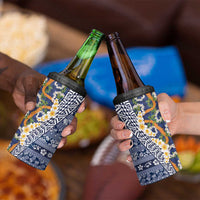Hawaiian Plumeria Lei 4 in 1 Can Cooler Tumbler Kakau Motifs and Palaka Half Style Blue Color LT03 - Polynesian Pride
