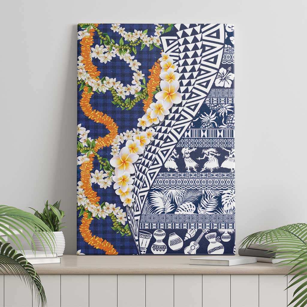 Hawaiian Plumeria Lei Canvas Wall Art Kakau Motifs and Palaka Half Style Blue Color - Polynesian Pride