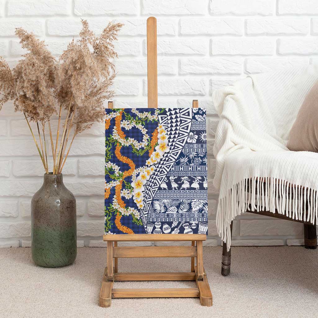 Hawaiian Plumeria Lei Canvas Wall Art Kakau Motifs and Palaka Half Style Blue Color - Polynesian Pride