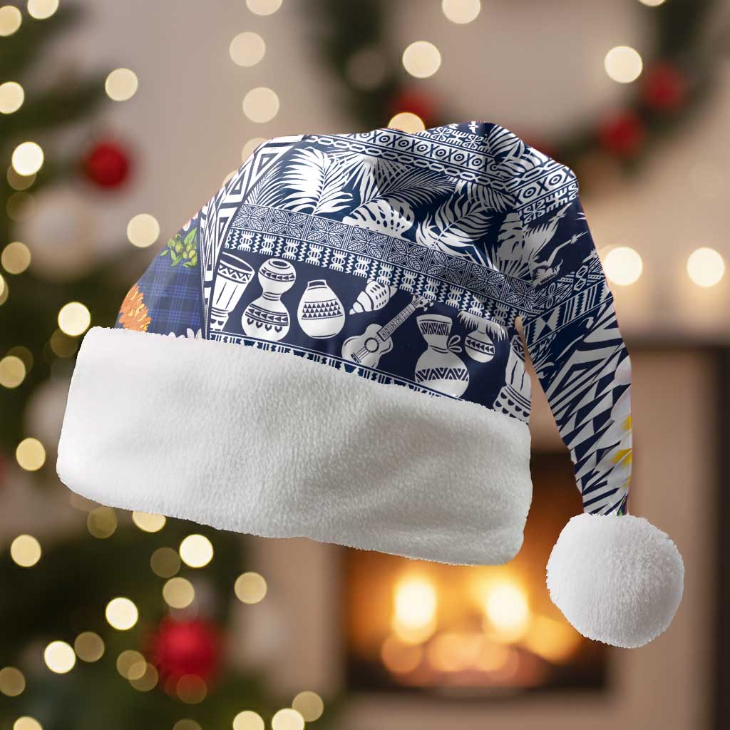 Hawaiian Plumeria Lei Christmas Santa Hat Kakau Motifs and Palaka Half Style Blue Color - Polynesian Pride
