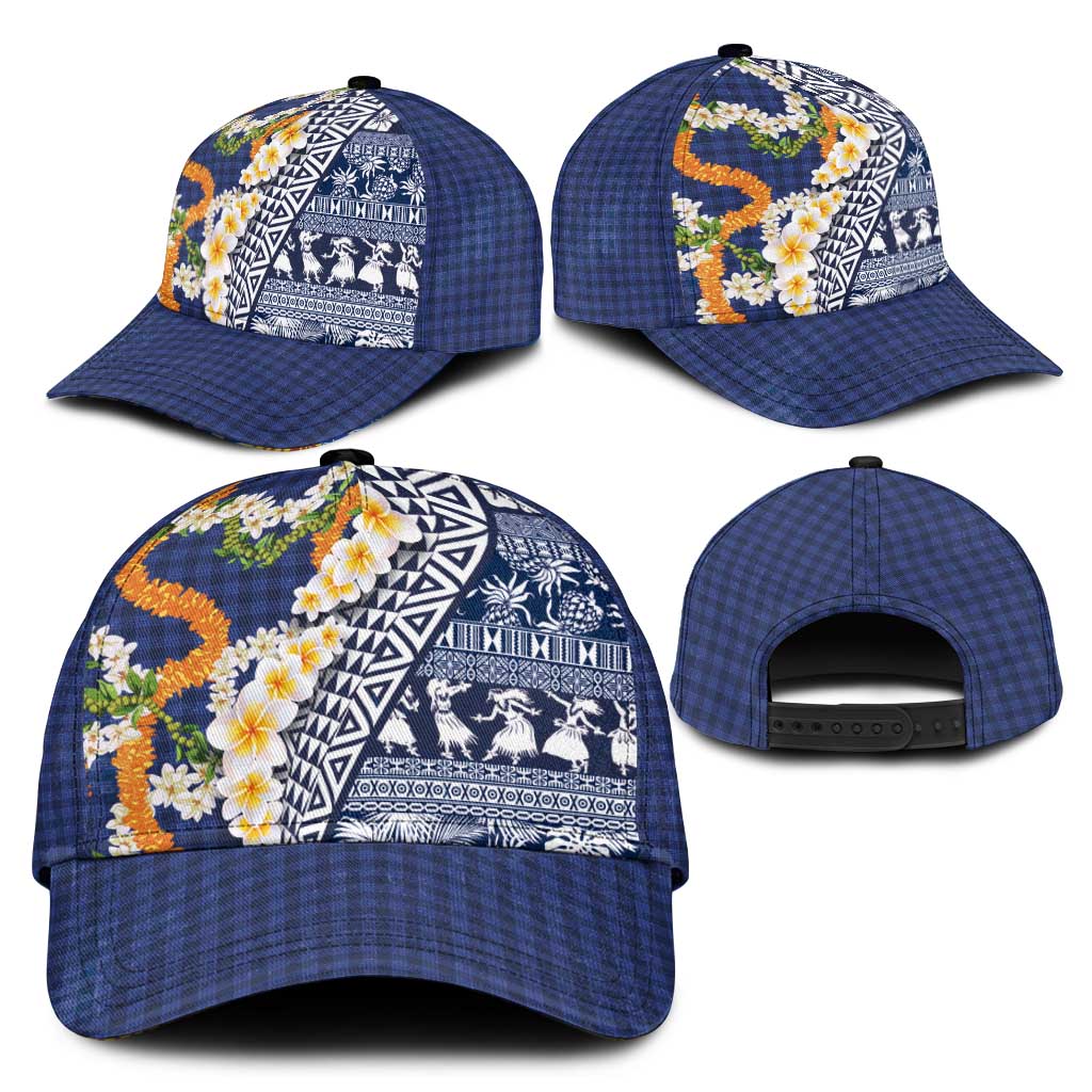 Hawaiian Plumeria Lei Classic Cap Kakau Motifs and Palaka Half Style Blue Color - Polynesian Pride