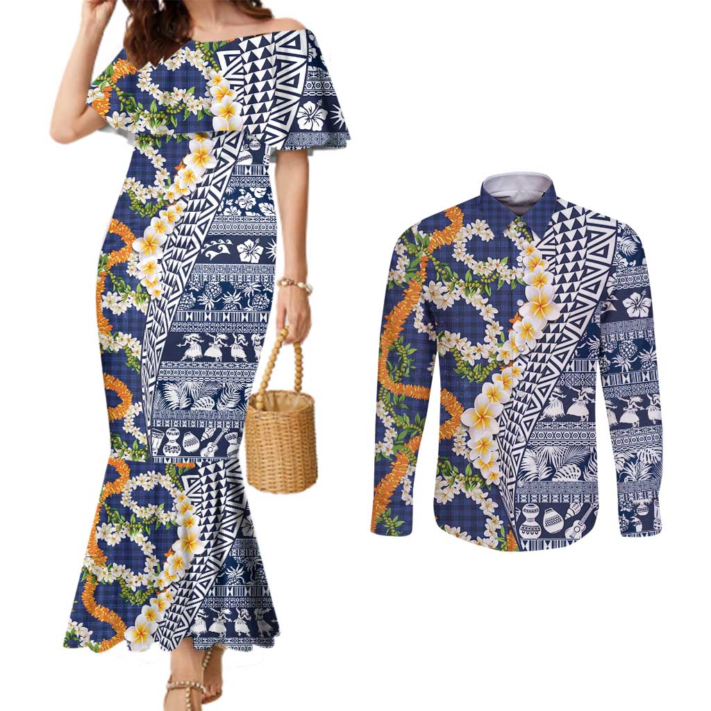 Hawaiian Plumeria Lei Couples Matching Mermaid Dress and Long Sleeve Button Shirt Kakau Motifs and Palaka Half Style Blue Color LT03 Blue - Polynesian Pride