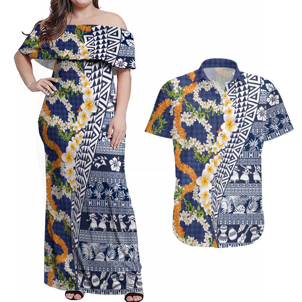 Hawaiian Plumeria Lei Couples Matching Off Shoulder Maxi Dress and Hawaiian Shirt Kakau Motifs and Palaka Half Style Blue Color - Polynesian Pride