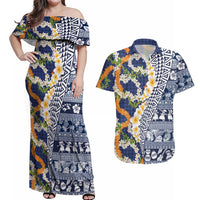 Hawaiian Plumeria Lei Couples Matching Off Shoulder Maxi Dress and Hawaiian Shirt Kakau Motifs and Palaka Half Style Blue Color LT03 Blue - Polynesian Pride