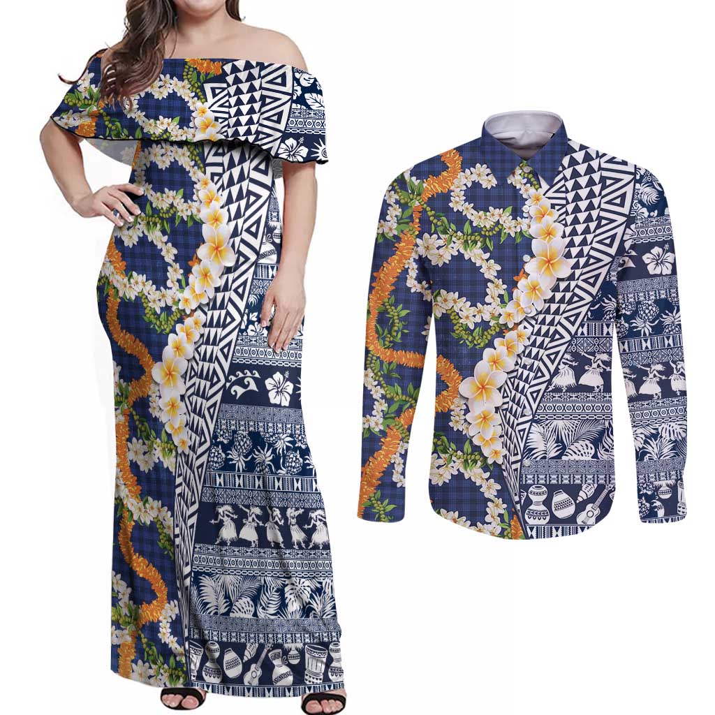 Hawaiian Plumeria Lei Couples Matching Off Shoulder Maxi Dress and Long Sleeve Button Shirt Kakau Motifs and Palaka Half Style Blue Color - Polynesian Pride
