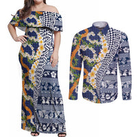 Hawaiian Plumeria Lei Couples Matching Off Shoulder Maxi Dress and Long Sleeve Button Shirt Kakau Motifs and Palaka Half Style Blue Color LT03 Blue - Polynesian Pride