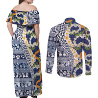 Hawaiian Plumeria Lei Couples Matching Off Shoulder Maxi Dress and Long Sleeve Button Shirt Kakau Motifs and Palaka Half Style Blue Color LT03 - Polynesian Pride