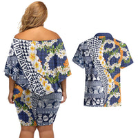 Hawaiian Plumeria Lei Couples Matching Off Shoulder Short Dress and Hawaiian Shirt Kakau Motifs and Palaka Half Style Blue Color LT03 - Polynesian Pride