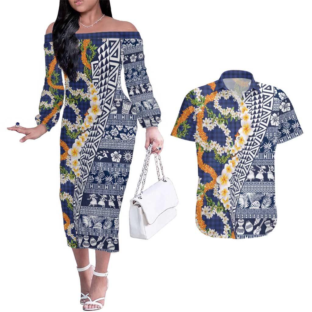 Hawaiian Plumeria Lei Couples Matching Off The Shoulder Long Sleeve Dress and Hawaiian Shirt Kakau Motifs and Palaka Half Style Blue Color LT03 Blue - Polynesian Pride