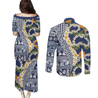 Hawaiian Plumeria Lei Couples Matching Puletasi and Long Sleeve Button Shirt Kakau Motifs and Palaka Half Style Blue Color LT03 - Polynesian Pride