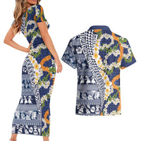 Hawaiian Plumeria Lei Couples Matching Short Sleeve Bodycon Dress and Hawaiian Shirt Kakau Motifs and Palaka Half Style Blue Color LT03 - Polynesian Pride