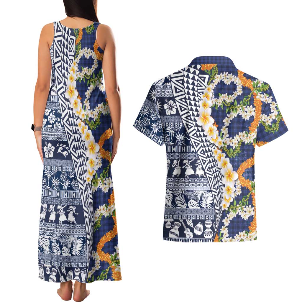 Hawaiian Plumeria Lei Couples Matching Tank Maxi Dress and Hawaiian Shirt Kakau Motifs and Palaka Half Style Blue Color LT03 - Polynesian Pride