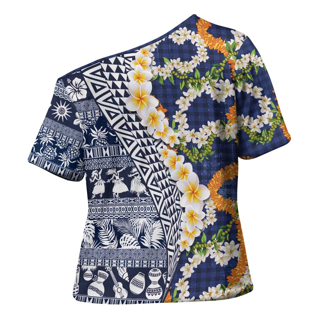 Hawaiian Plumeria Lei Cross Shoulder Shirt Kakau Motifs and Palaka Half Style Blue Color - Polynesian Pride