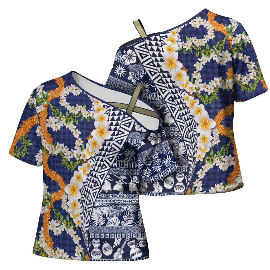 Hawaiian Plumeria Lei Cross Shoulder Shirt Kakau Motifs and Palaka Half Style Blue Color - Polynesian Pride