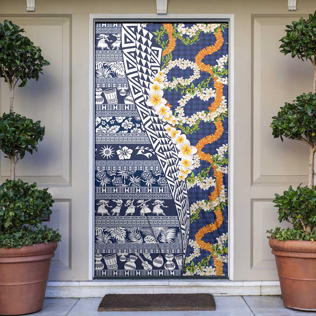 Hawaiian Plumeria Lei Door Cover Kakau Motifs and Palaka Half Style Blue Color - Polynesian Pride