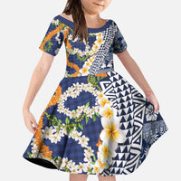 Hawaiian Plumeria Lei Family Matching Long Sleeve Bodycon Dress and Hawaiian Shirt Kakau Motifs and Palaka Half Style Blue Color LT03 Daughter's Dress Blue - Polynesian Pride